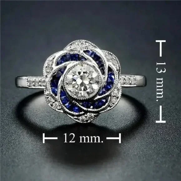Delicate & Exquisite Fashion Silver Plated Blue & White Flower Ring - Picture 4 of 9